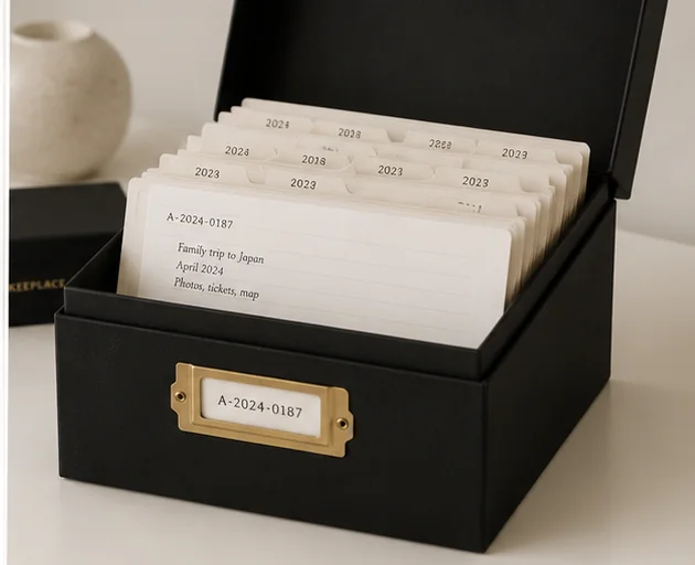 An open archive box of year-tabbed catalogue cards. The front card is accessioned A-2024-0187 — Family trip to Japan, April 2024: photos, tickets, map — and the box’s brass label frame carries the same number.