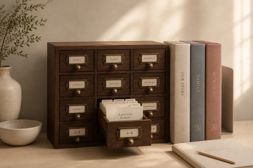 An Archivia card catalogue with brass drawer labels — People, Places, Moments — beside three linen keepsake volumes.