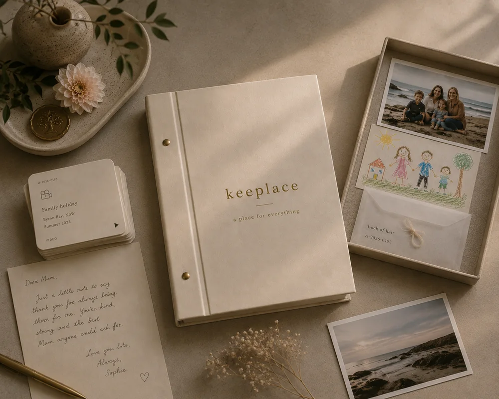 A cream Keeplace binder stamped in gold — a place for everything — laid among record cards, a handwritten thank-you note, and a keepsake box holding photographs, a child’s drawing and a vellum envelope labelled Lock of hair.
